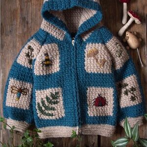 Hand Knit Kids Hooded Jacket with Bug Embroidery
